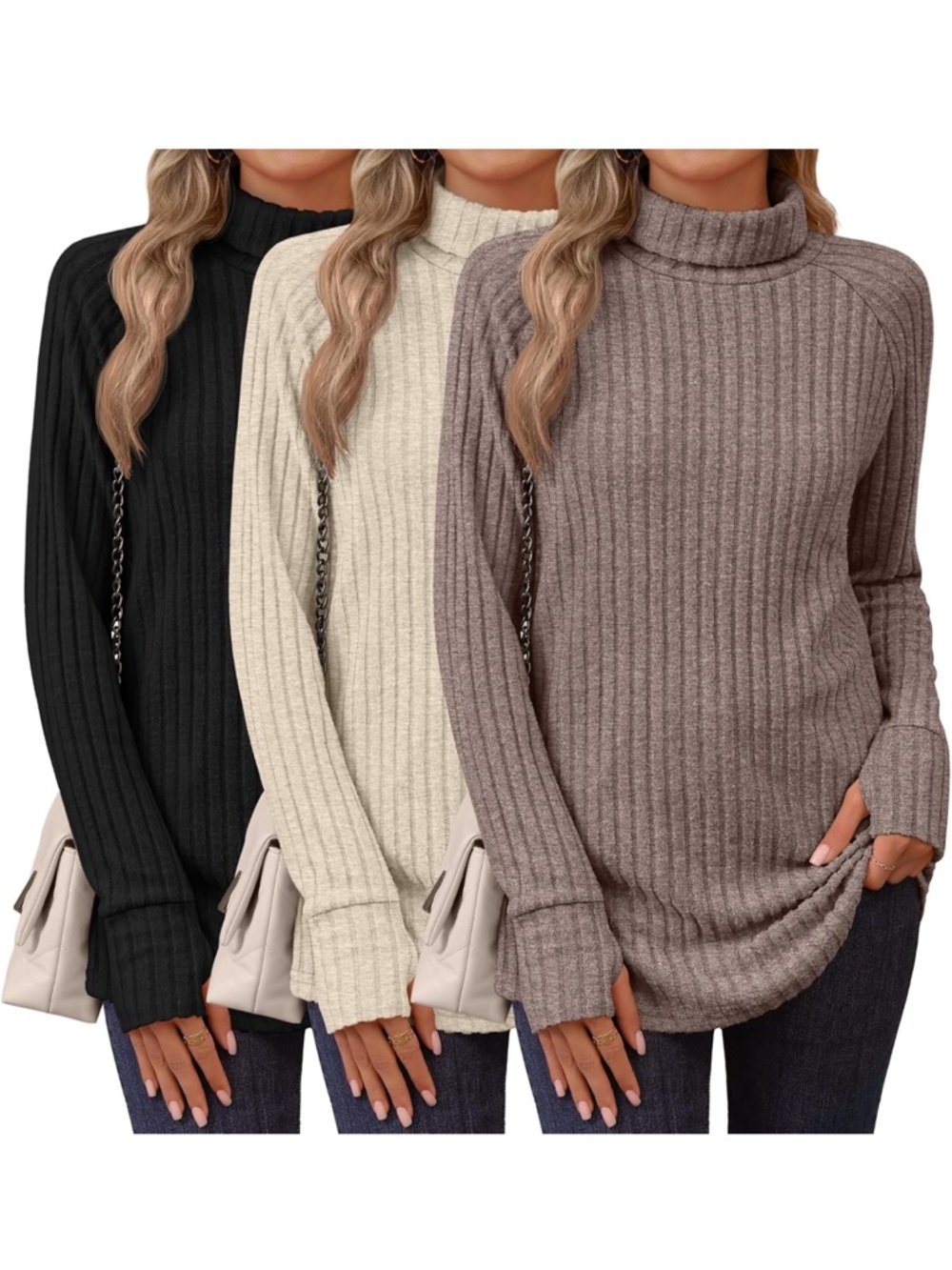 Amazon Ribbed Turtleneck Sweaters - Black, Cream & Taupe